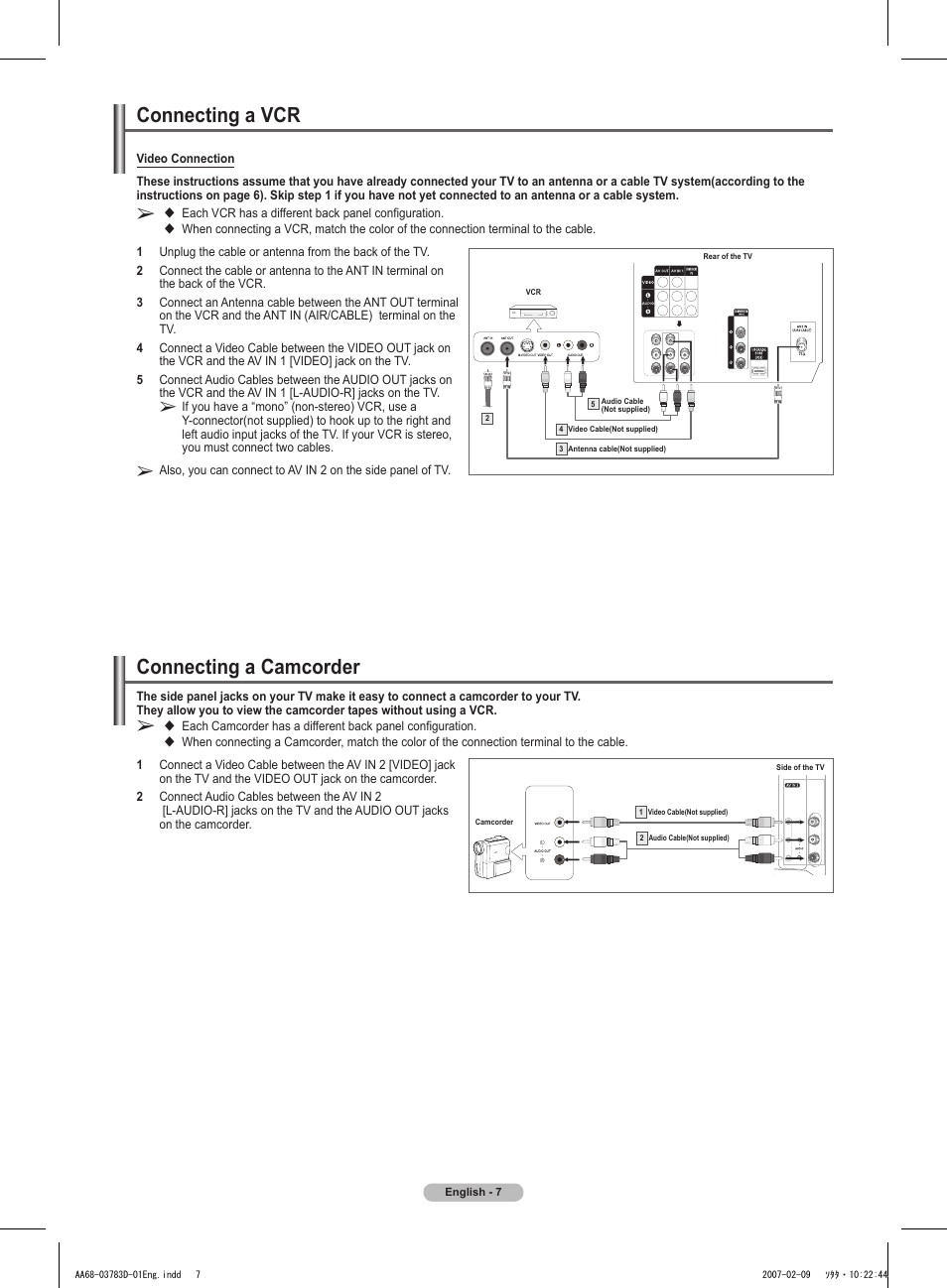 Connecting a vcr, Connecting a camcorder | Samsung TXT2082X-XAA User Manual | Page 7 / 24