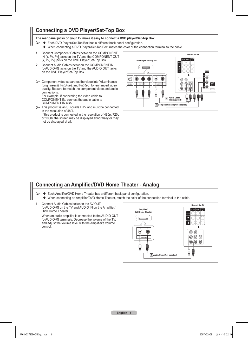 Connecting a dvd player/set-top box, Connecting an amplifier/dvd home theater - analog | Samsung TXT2082X-XAA User Manual | Page 8 / 24