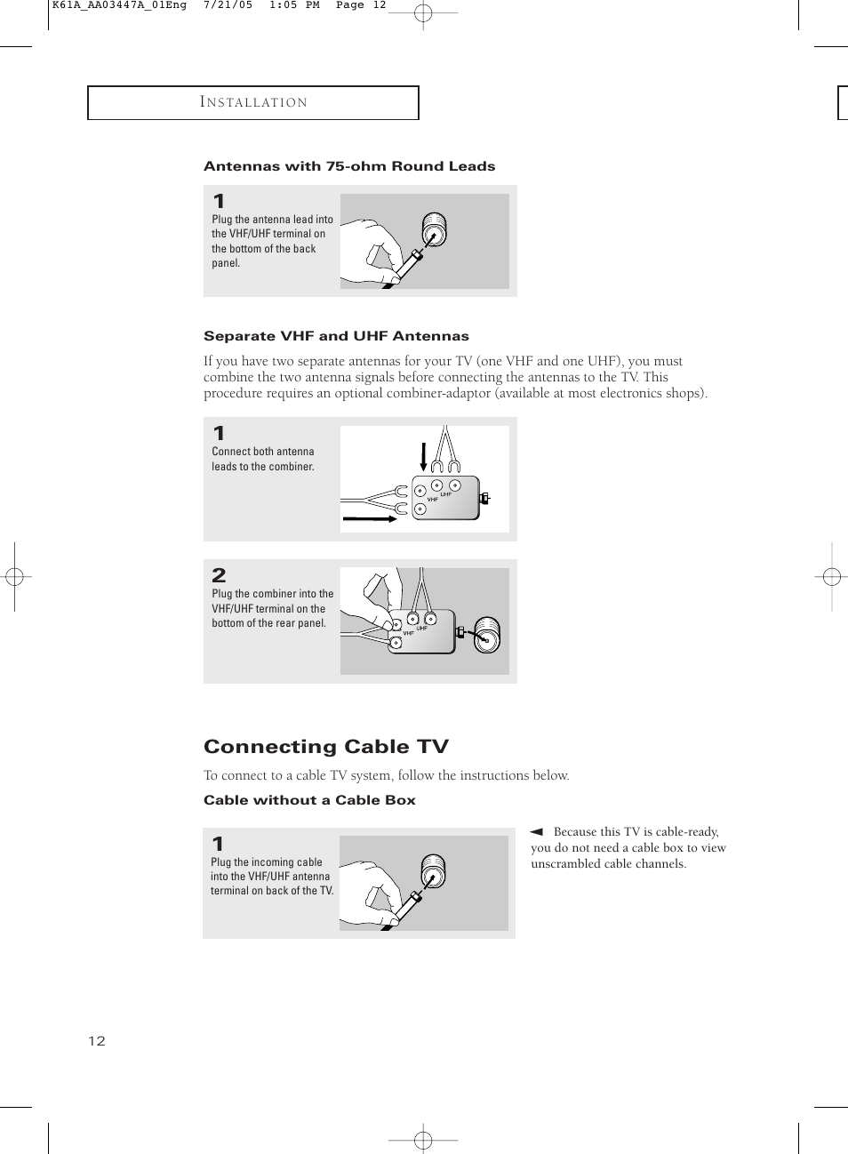 Antennas with 75-ohm round leads, Separate vhf and uhf antennas, Connecting cable tv | Cable without a cable box | Samsung TXP3266X-XAA User Manual | Page 12 / 68