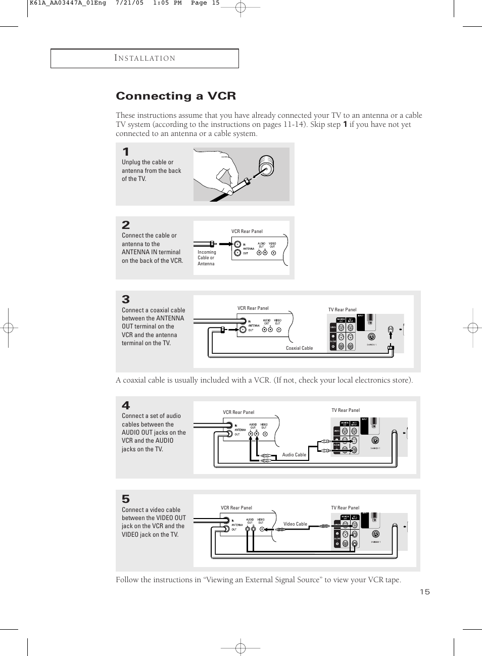 Connecting a vcr | Samsung TXP3266X-XAA User Manual | Page 15 / 68