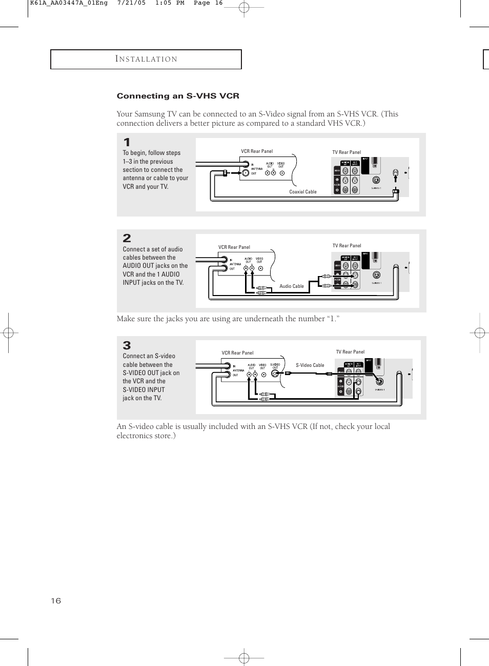 Connecting an s-vhs vcr | Samsung TXP3266X-XAA User Manual | Page 16 / 68