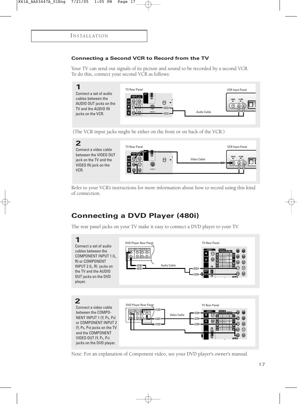 Connecting a second vcr to record from the tv, Connecting a dvd player (480i) | Samsung TXP3266X-XAA User Manual | Page 17 / 68