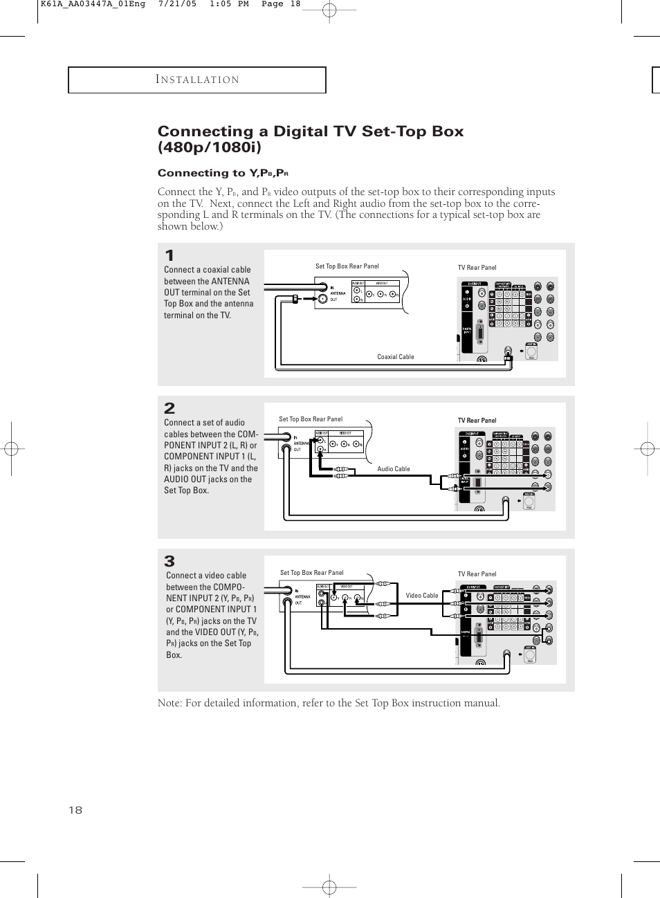 Connecting a digital tv set-top box(480p/1080i), Connecting to y,pb,pr, Connect the y, p | And p | Samsung TXP3266X-XAA User Manual | Page 18 / 68