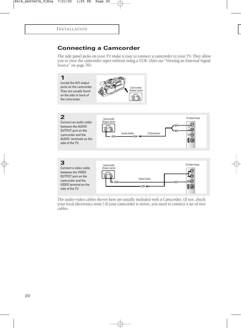 Connecting a camcorder | Samsung TXP3266X-XAA User Manual | Page 20 / 68