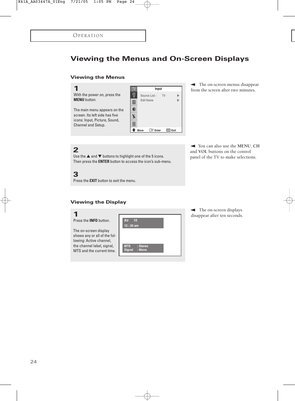 Viewing the menus and on-screen displays, Viewing the menus, Viewing the display | Samsung TXP3266X-XAA User Manual | Page 24 / 68