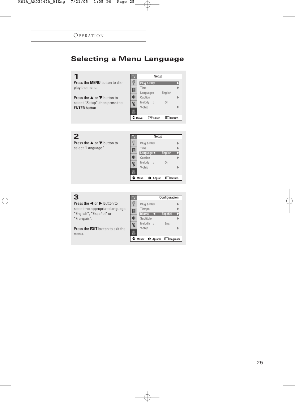 Selecting a menu language | Samsung TXP3266X-XAA User Manual | Page 25 / 68