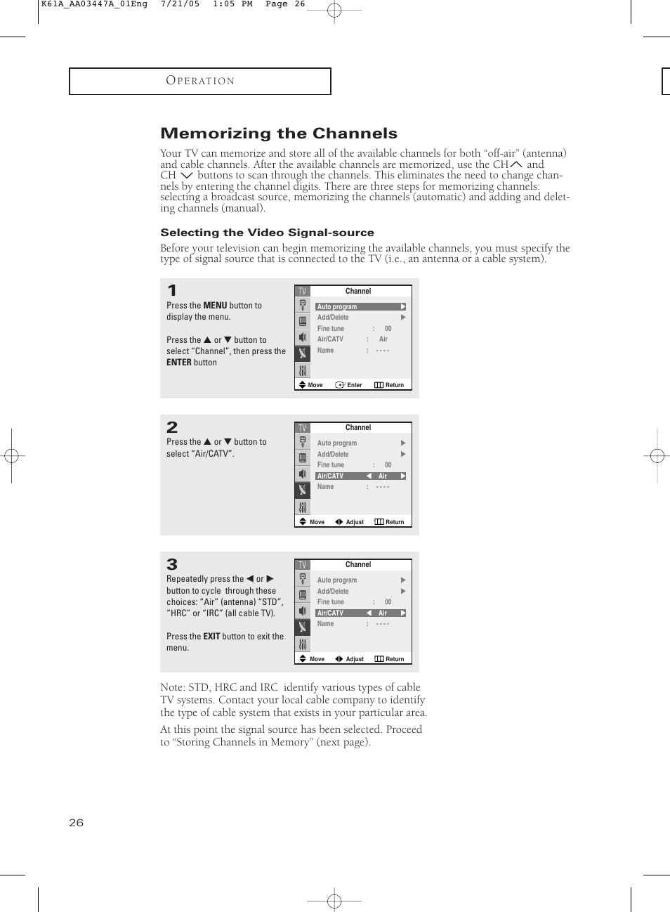 Memorizing the channels, Selecting the video signal-source | Samsung TXP3266X-XAA User Manual | Page 26 / 68