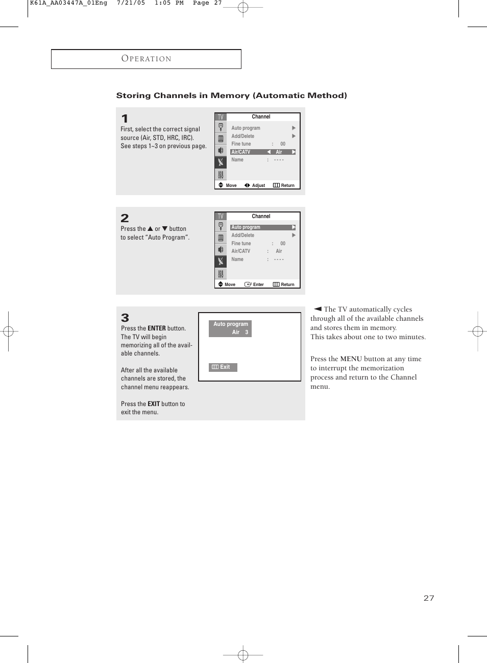 Storing channels in memory (automatic method) | Samsung TXP3266X-XAA User Manual | Page 27 / 68