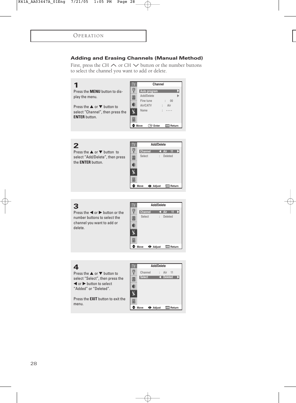 Adding and erasing channels (manual method) | Samsung TXP3266X-XAA User Manual | Page 28 / 68