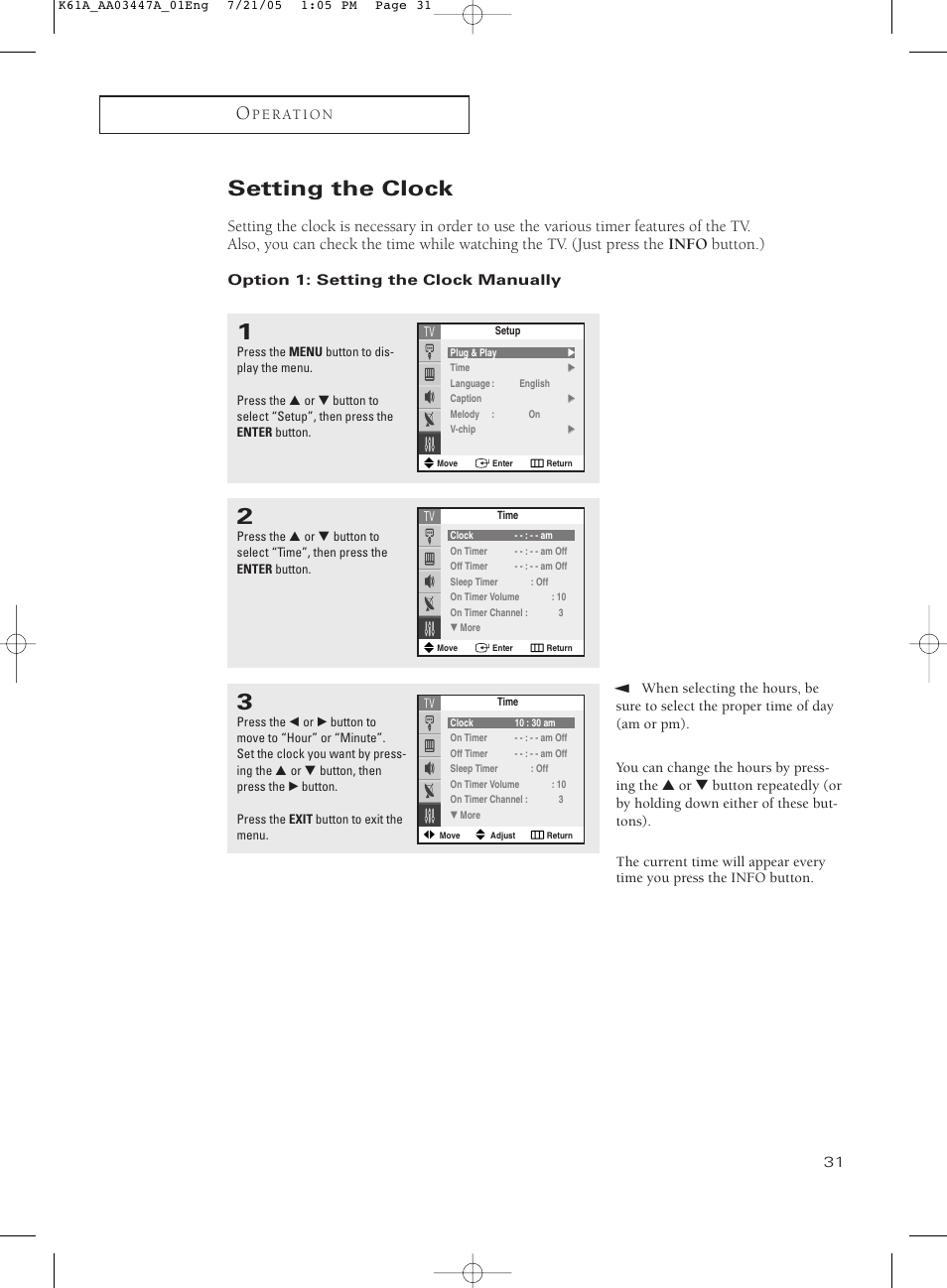 Setting the clock, Option 1: setting the clock manually | Samsung TXP3266X-XAA User Manual | Page 31 / 68