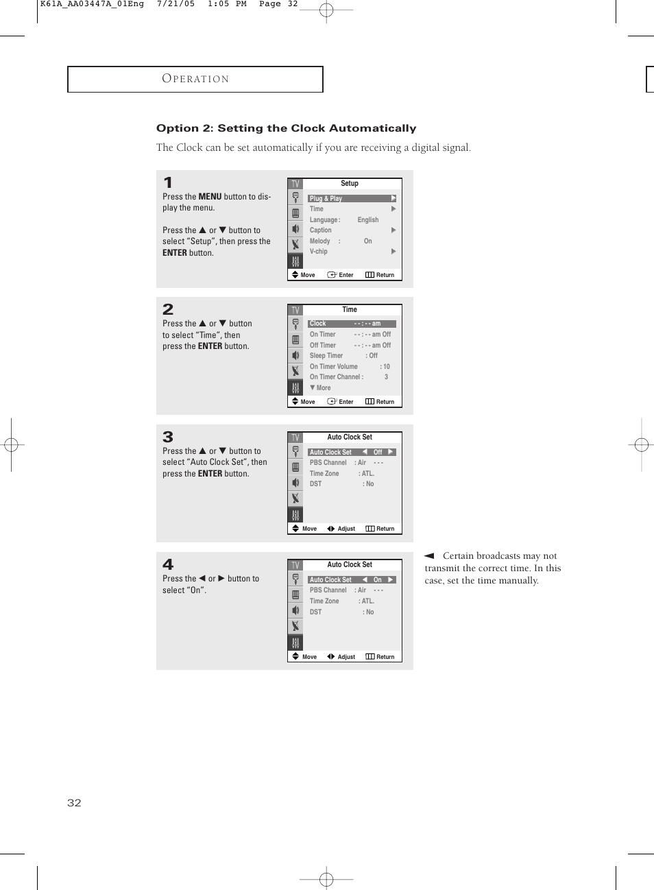 Option 2: setting the clock automatically | Samsung TXP3266X-XAA User Manual | Page 32 / 68