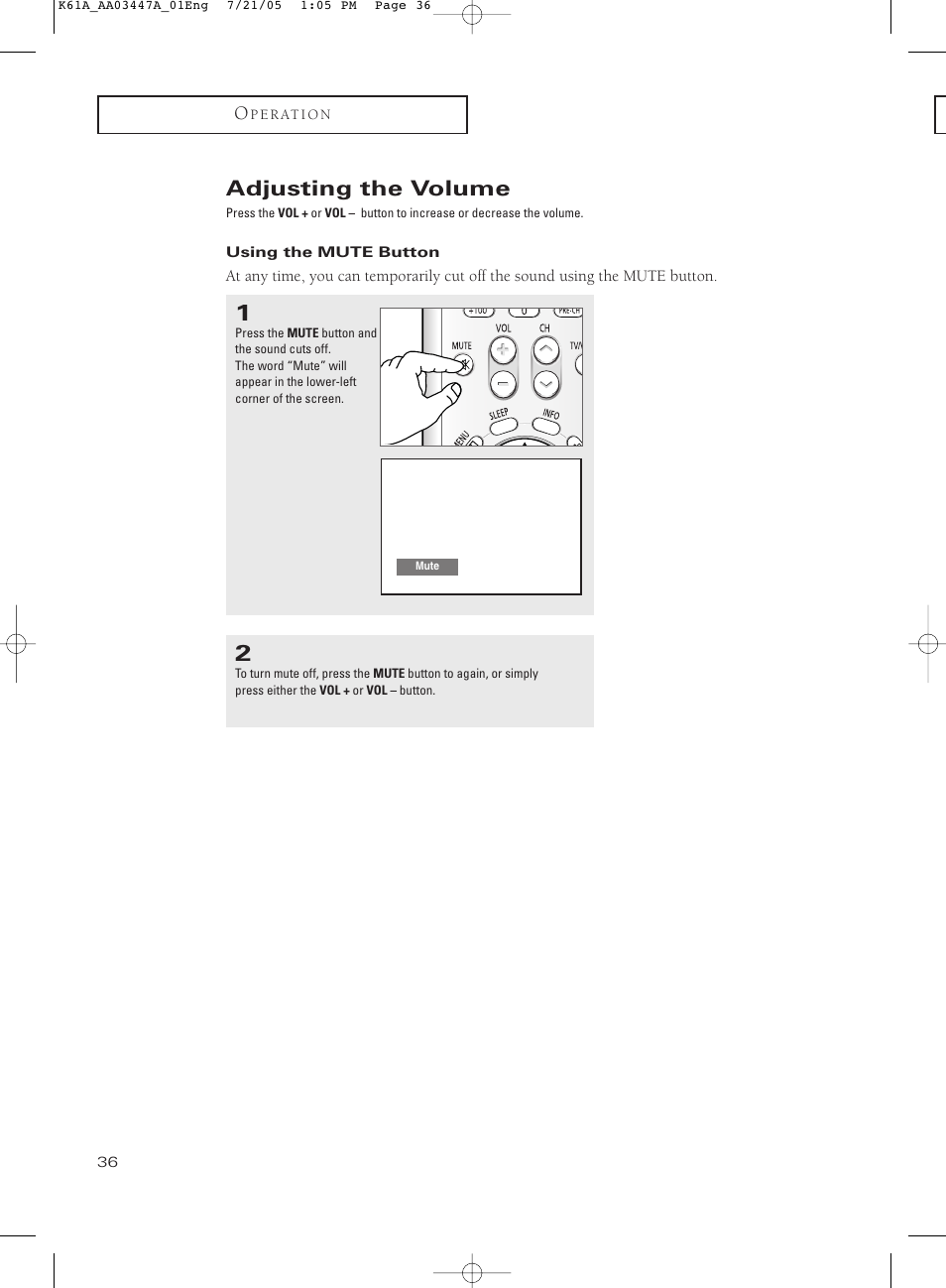 Adjusting the volume, Using the mute button | Samsung TXP3266X-XAA User Manual | Page 36 / 68