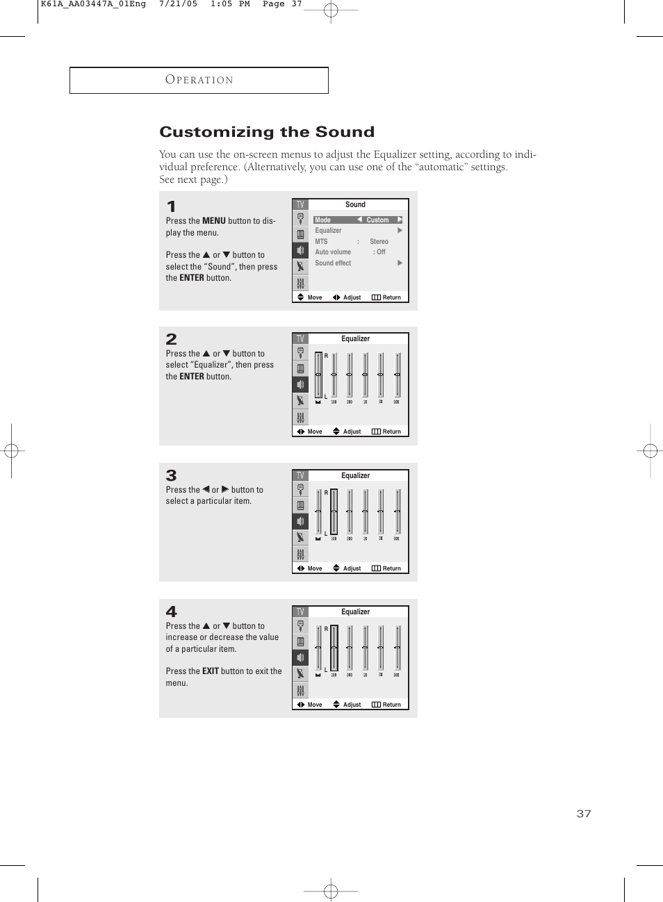 Customizing the sound | Samsung TXP3266X-XAA User Manual | Page 37 / 68