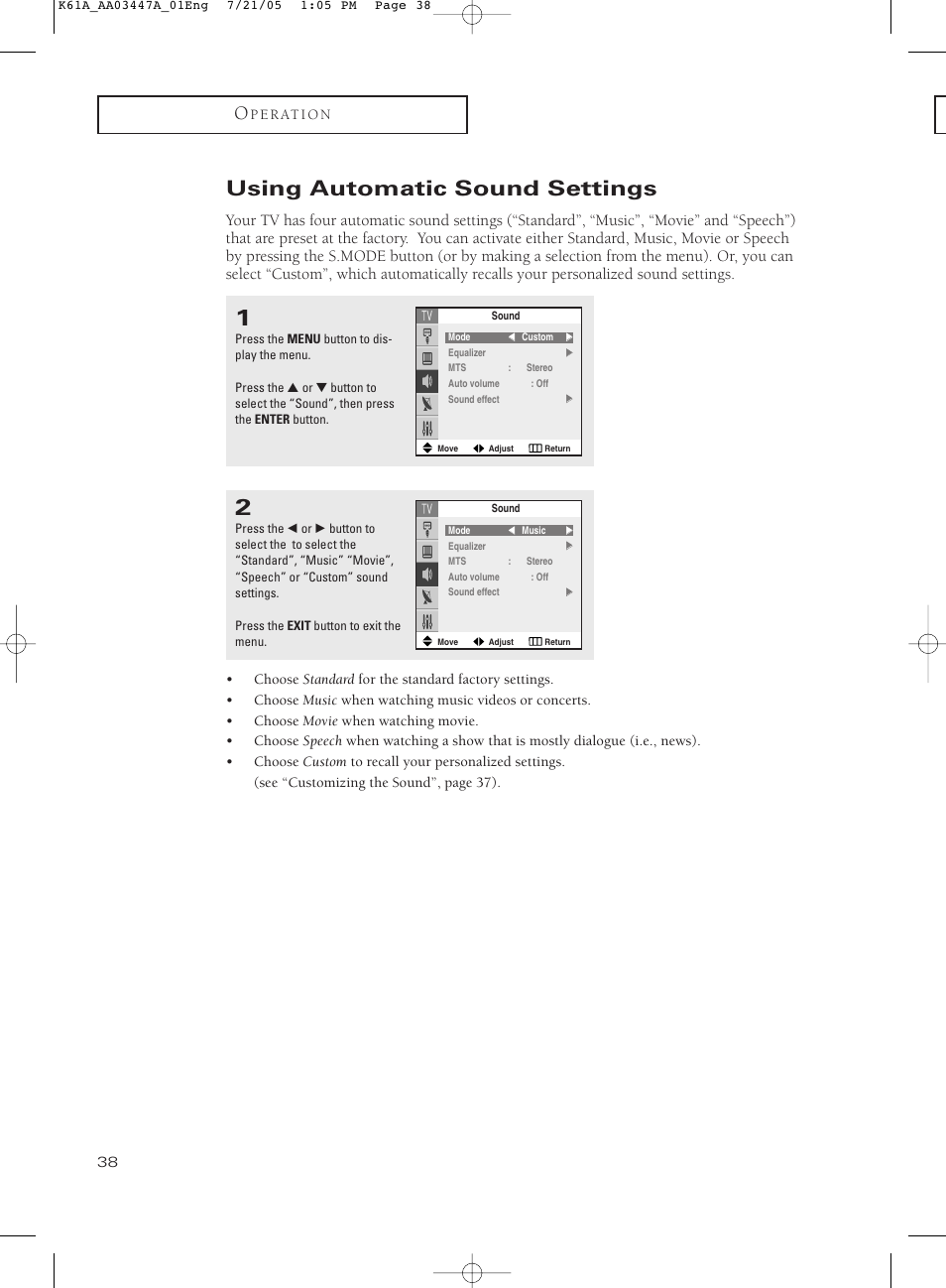 Using automatic sound settings | Samsung TXP3266X-XAA User Manual | Page 38 / 68