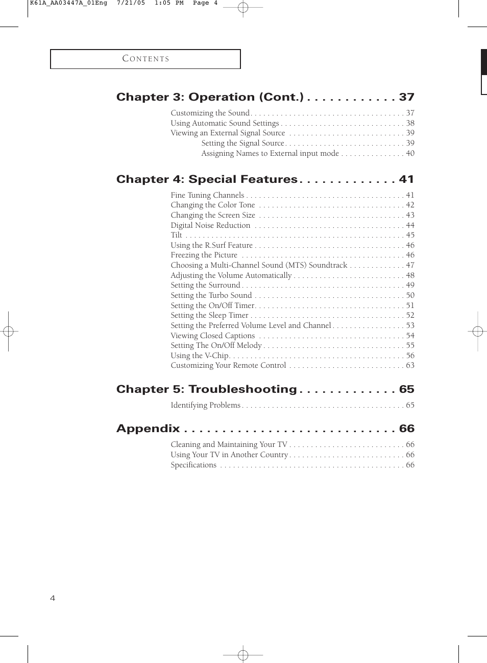 Chapter 3: operation (cont.), Chapter 4: special features, Chapter 5: troubleshooting | Appendix | Samsung TXP3266X-XAA User Manual | Page 4 / 68