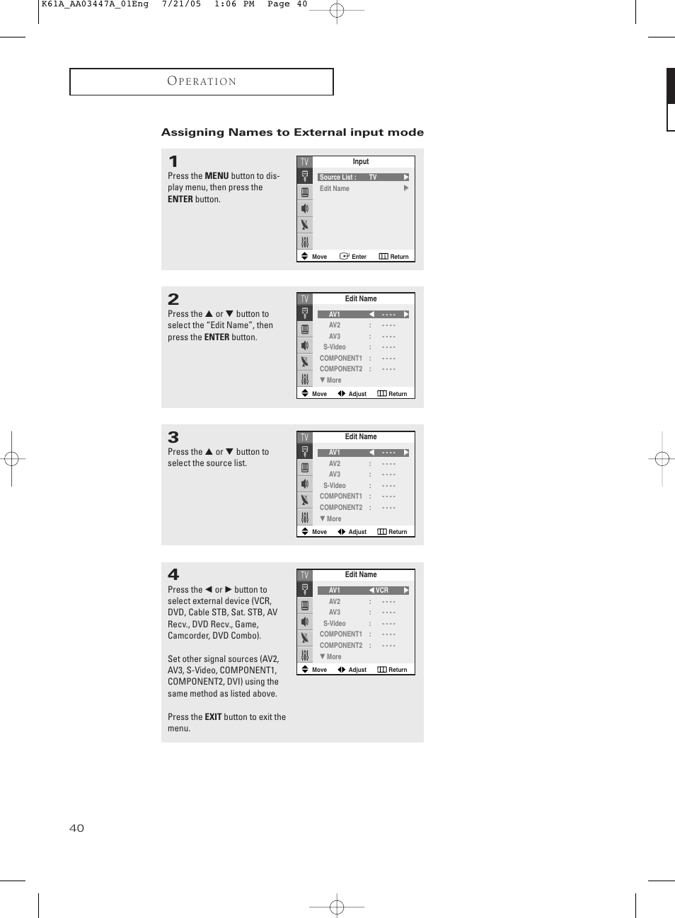 Assigning names to external input mode | Samsung TXP3266X-XAA User Manual | Page 40 / 68