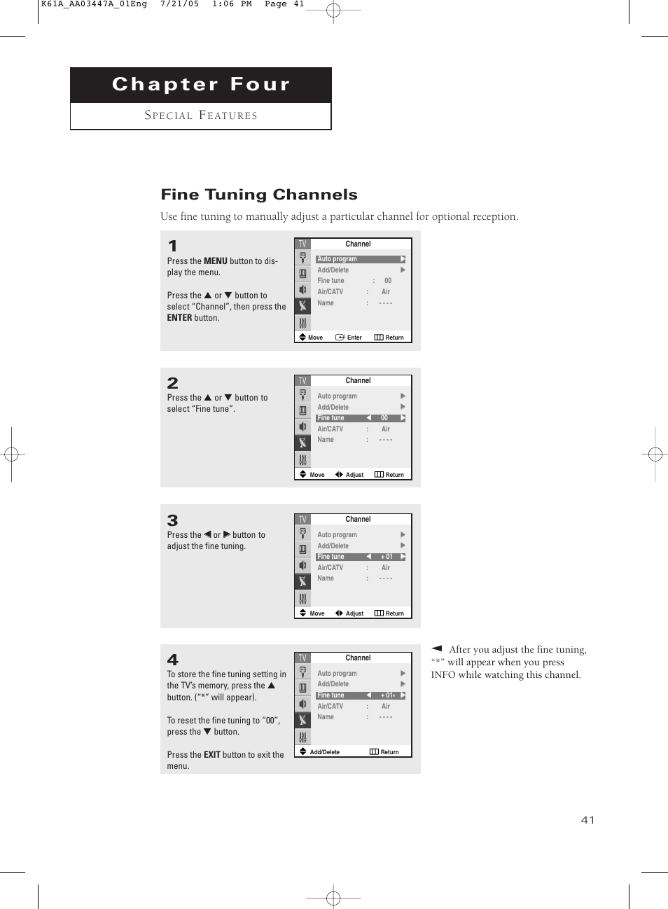 Chapter four : special features, Fine tuning channels | Samsung TXP3266X-XAA User Manual | Page 41 / 68