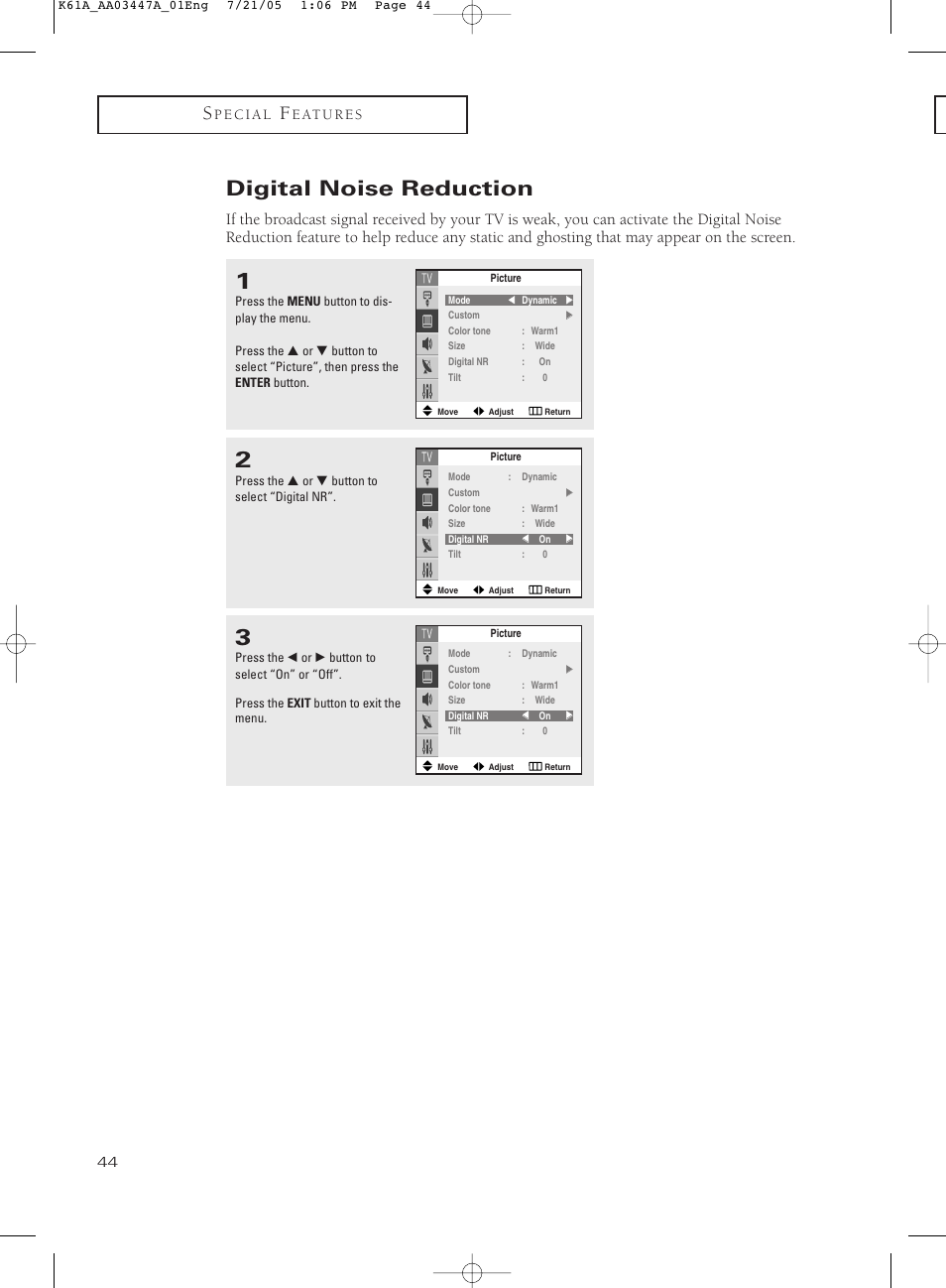 Digital noise reduction | Samsung TXP3266X-XAA User Manual | Page 44 / 68