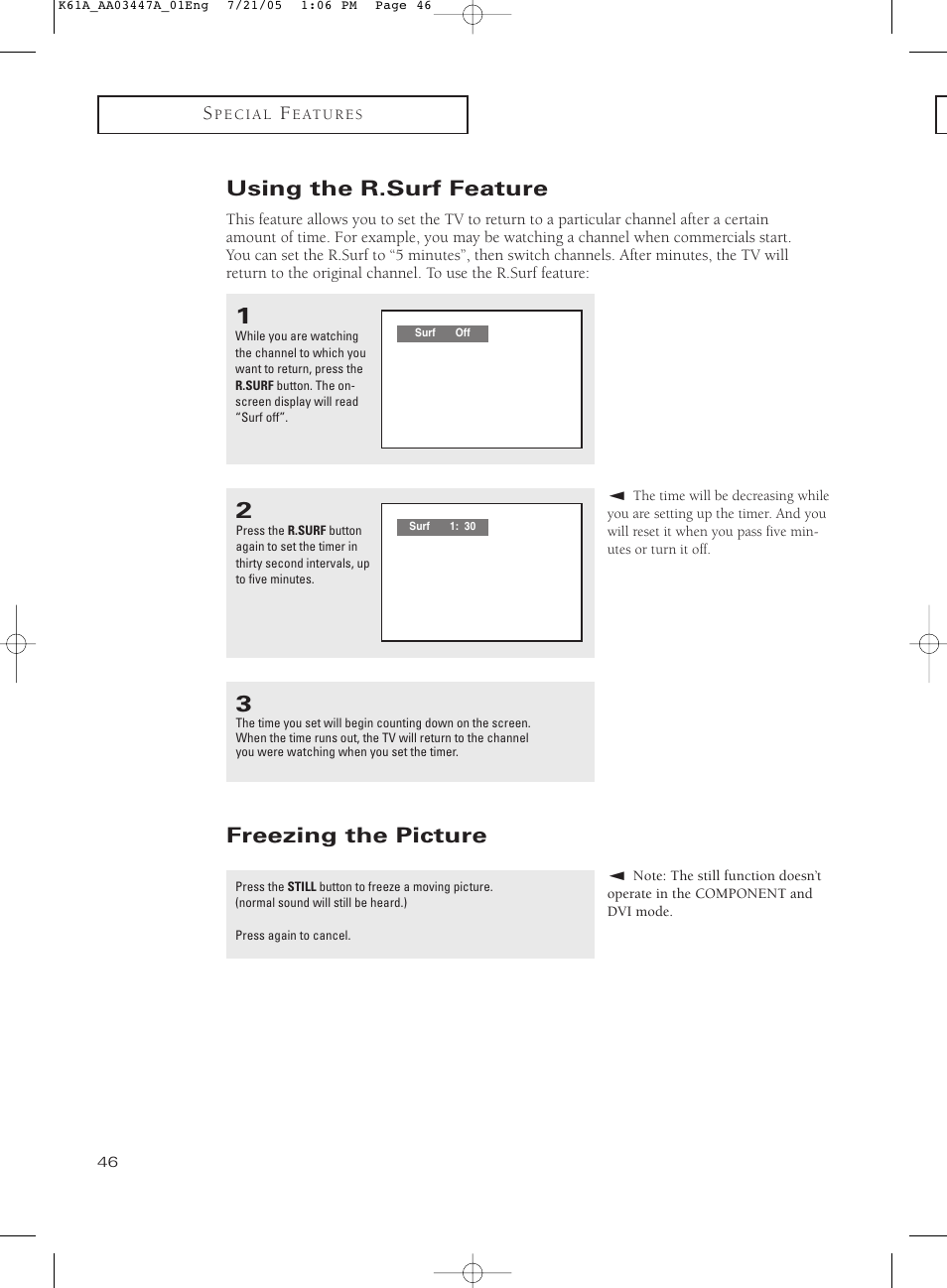 Using the r.surf feature, Freezing the picture | Samsung TXP3266X-XAA User Manual | Page 46 / 68