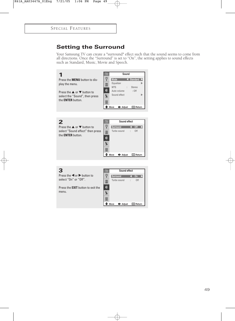Setting the surround | Samsung TXP3266X-XAA User Manual | Page 49 / 68