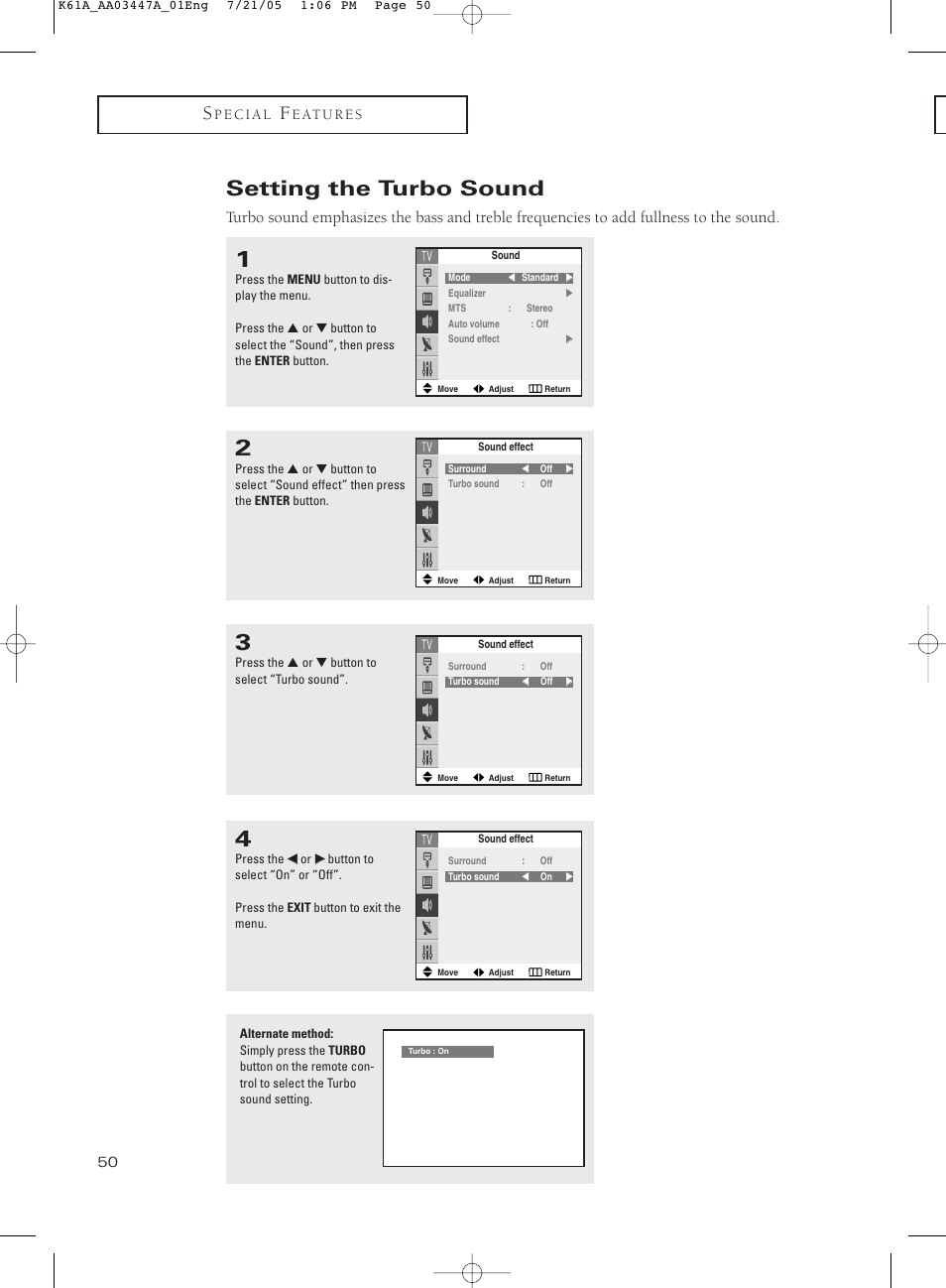 Setting the turbo sound | Samsung TXP3266X-XAA User Manual | Page 50 / 68