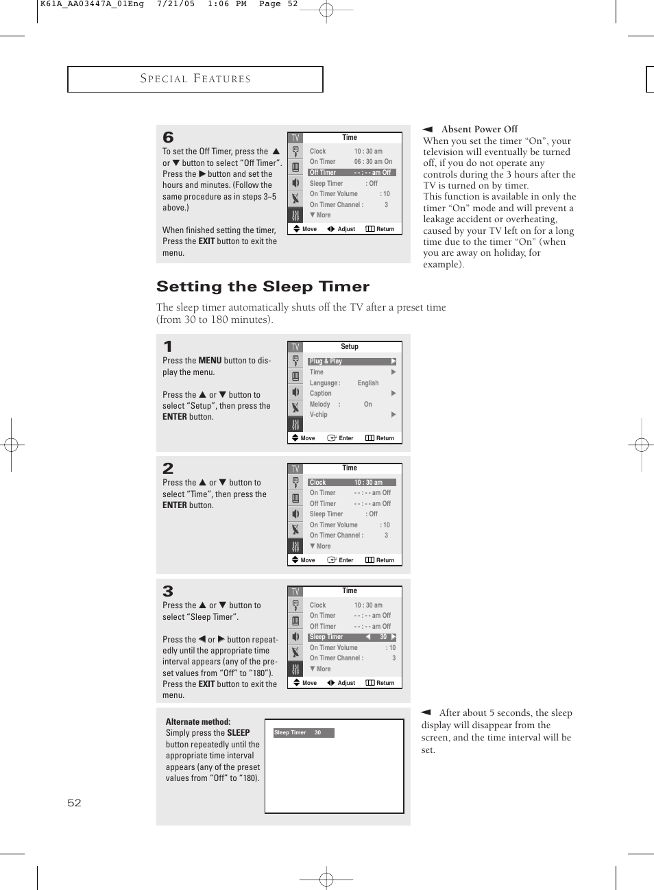 Setting the sleep timer | Samsung TXP3266X-XAA User Manual | Page 52 / 68