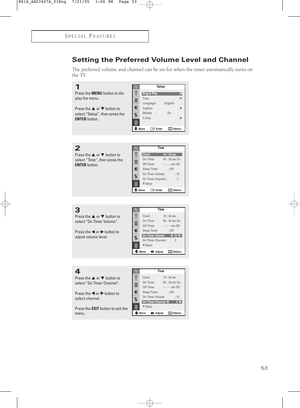 Setting the preferred volume level and channel | Samsung TXP3266X-XAA User Manual | Page 53 / 68