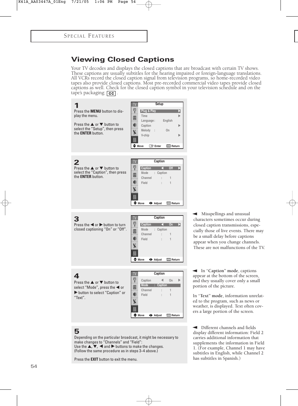 Viewing closed captions | Samsung TXP3266X-XAA User Manual | Page 54 / 68