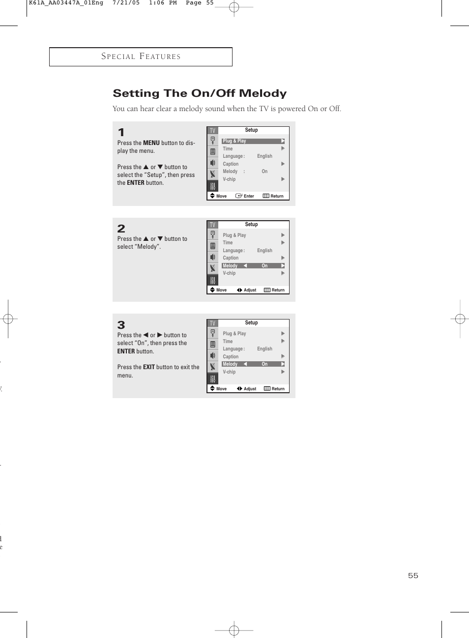 Setting the on/off melody | Samsung TXP3266X-XAA User Manual | Page 55 / 68