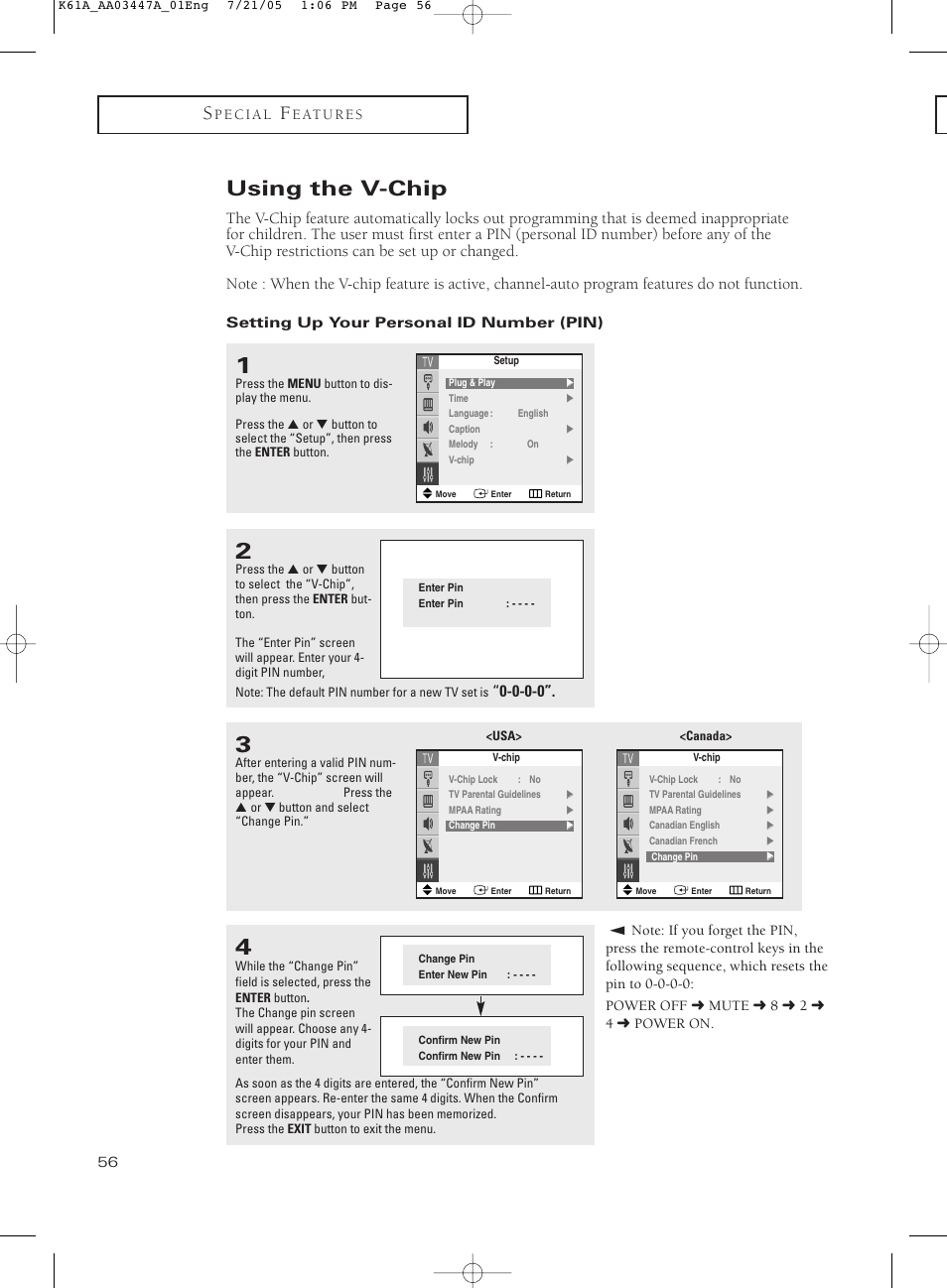 Using the v-chip, Setting up your personal id number (pin) | Samsung TXP3266X-XAA User Manual | Page 56 / 68