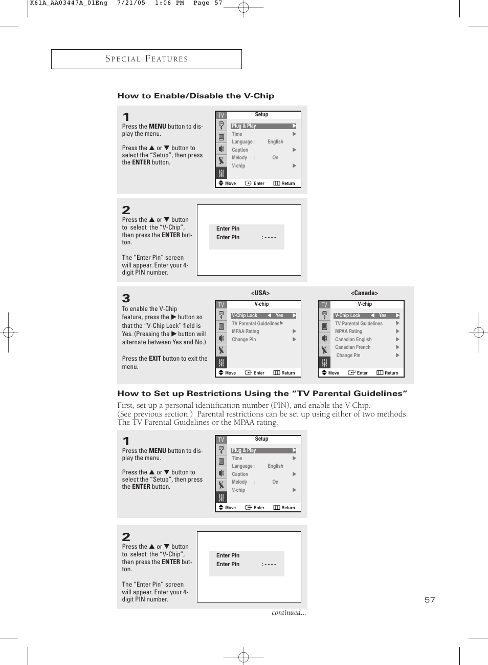 How to enable/disable the v-chip | Samsung TXP3266X-XAA User Manual | Page 57 / 68