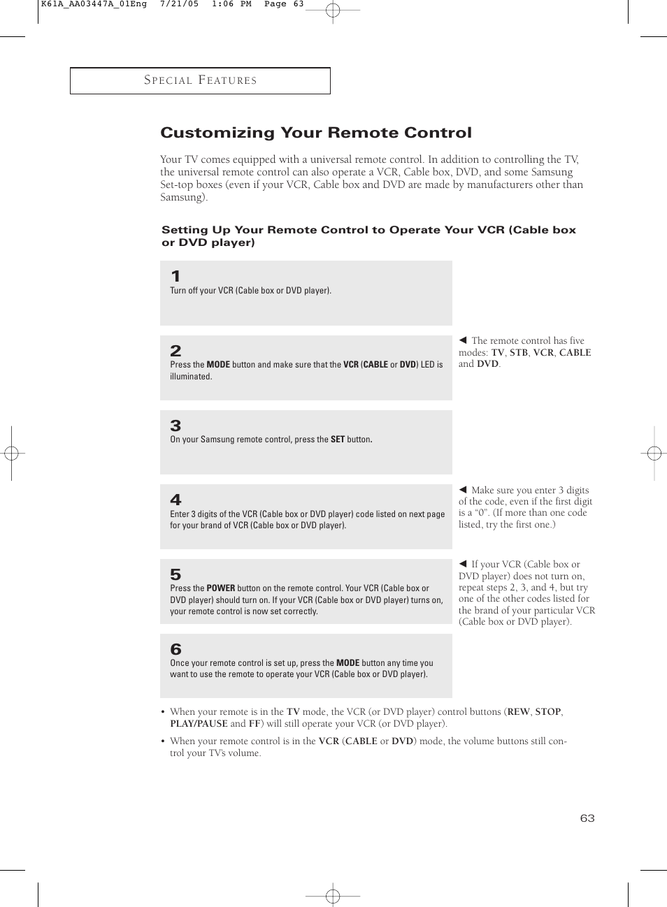 Customizing your remote control | Samsung TXP3266X-XAA User Manual | Page 63 / 68
