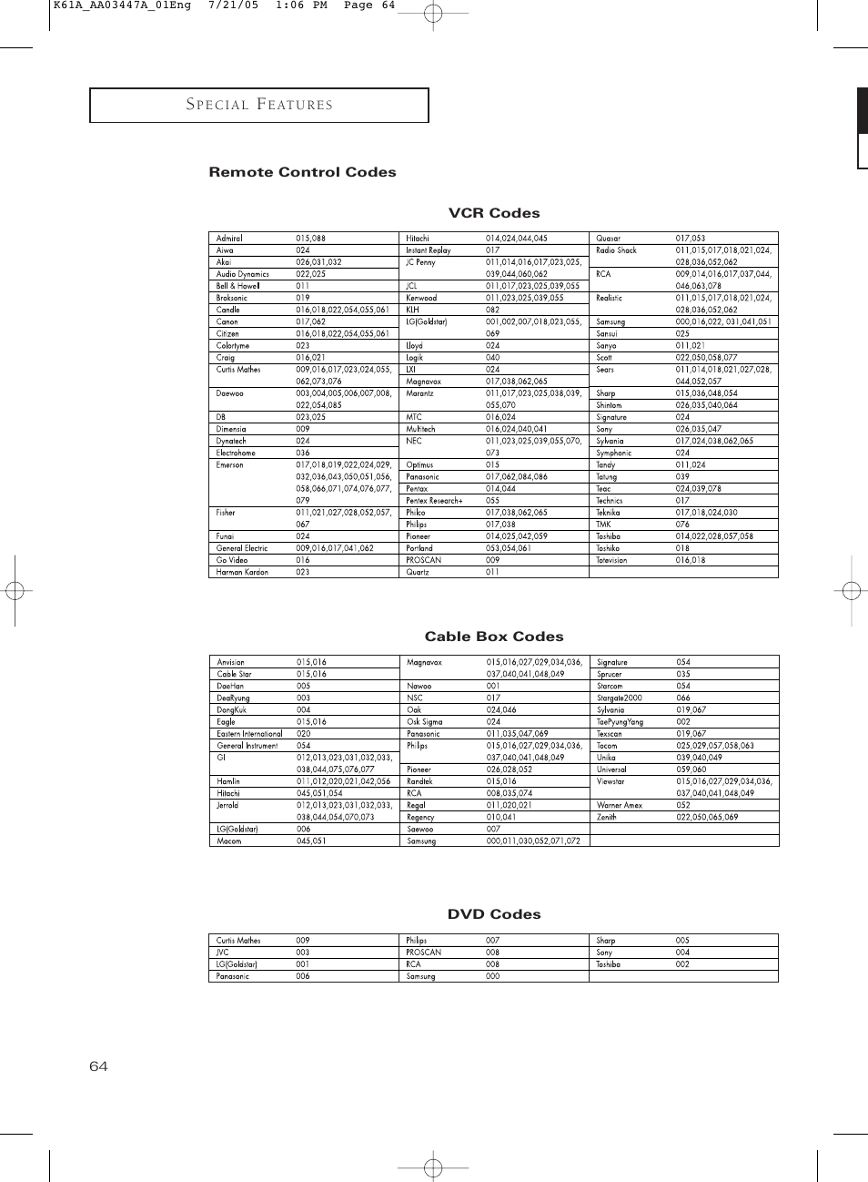 Remote control codes | Samsung TXP3266X-XAA User Manual | Page 64 / 68