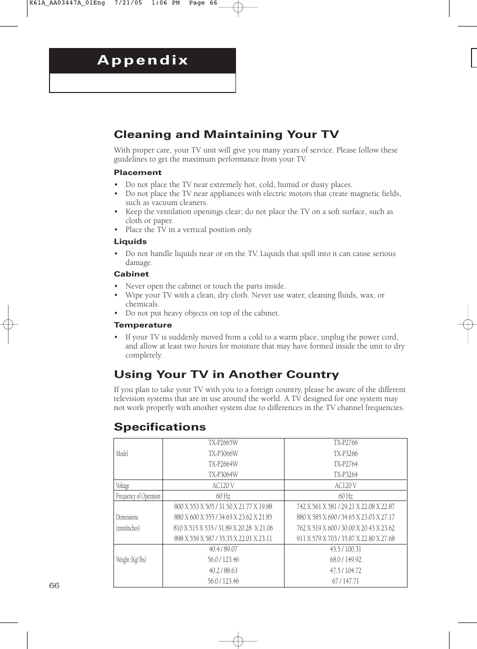 Appendix, Cleaning and maintaining your tv, Using your tv in another country | Specifications | Samsung TXP3266X-XAA User Manual | Page 66 / 68
