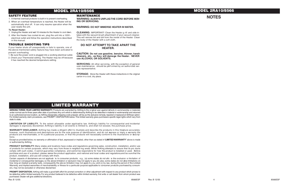 Limited warranty, Maintenance, Do not attempt to take apart the heater | Safety feature, Trouble shooting tips | Air King 2RA10/8566 User Manual | Page 2 / 6