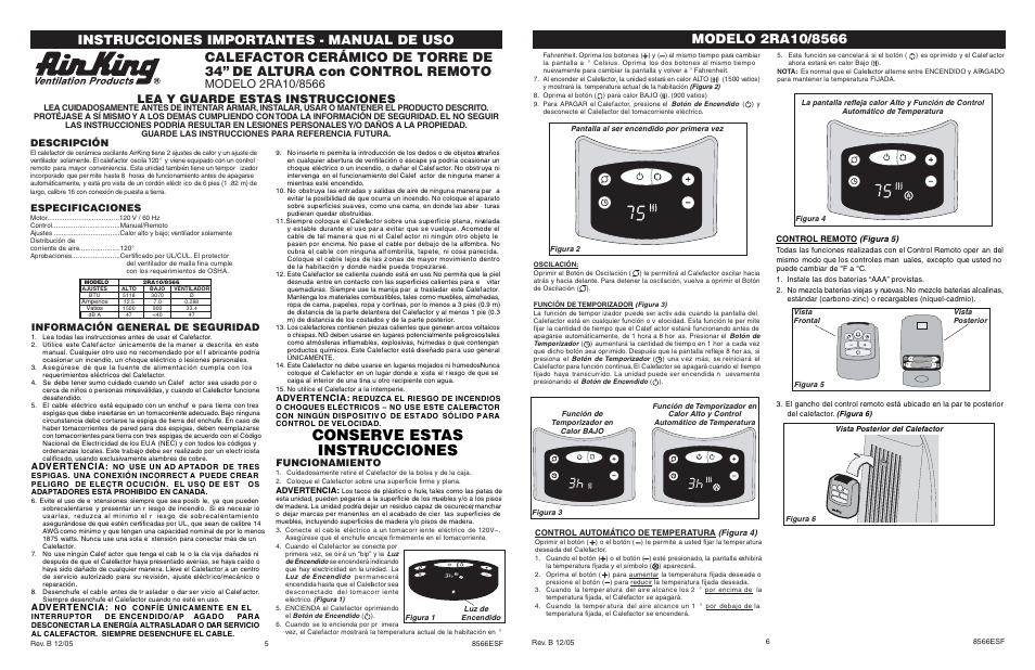 Conserve estas instrucciones, Lea y guarde estas instrucciones, Descripción | Especificaciones, Información general de seguridad, Funcionamiento, Advertencia | Air King 2RA10/8566 User Manual | Page 3 / 6