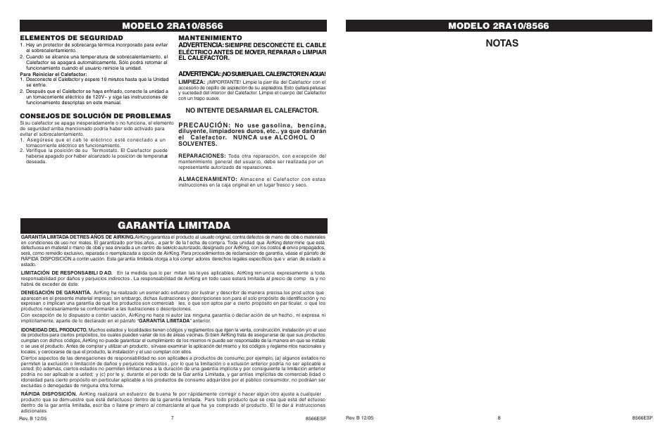 Garantía limitada, Notas, Mantenimiento advertencia | Advertencia, No intente desarmar el calefactor. precaución, Elementos de seguridad, Consejos de solución de problemas | Air King 2RA10/8566 User Manual | Page 4 / 6