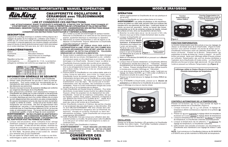 Conserver ces instructions, Instructions importantes - manuel d’opération, Lire et conserver ces instructions | Description, Caractéristiques, Information générale de sécurité, Opération | Air King 2RA10/8566 User Manual | Page 5 / 6