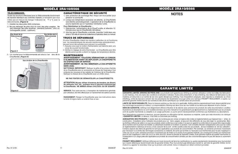 Garantie limitée, Caractéristique de sécurité, Trucs de dépannage | Maintenance | Air King 2RA10/8566 User Manual | Page 6 / 6