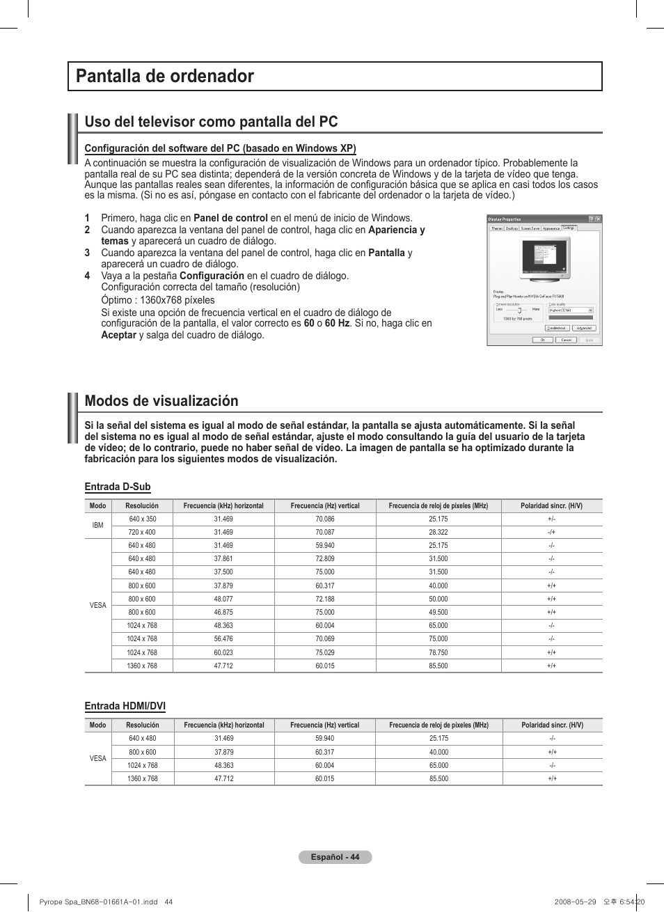 Pantalla de ordenador, Uso del televisor como pantalla del pc, Modos de visualización | Samsung PN50A460S4DXZA User Manual | Page 118 / 150