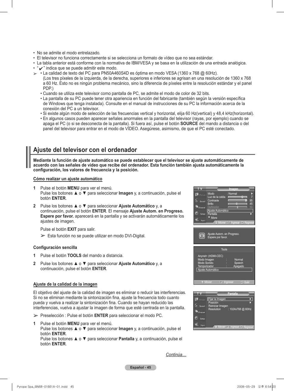 Ajuste del televisor con el ordenador | Samsung PN50A460S4DXZA User Manual | Page 119 / 150
