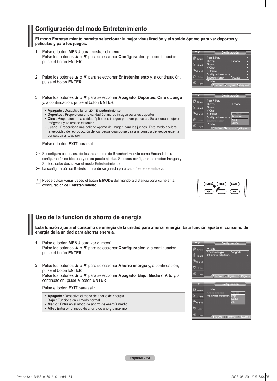 Uso de la función de ahorro de energía, Configuración del modo entretenimiento | Samsung PN50A460S4DXZA User Manual | Page 128 / 150