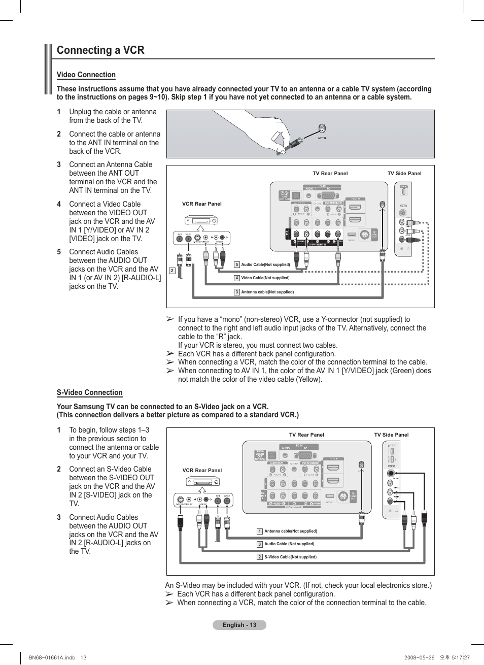 Connecting a vcr | Samsung PN50A460S4DXZA User Manual | Page 13 / 150