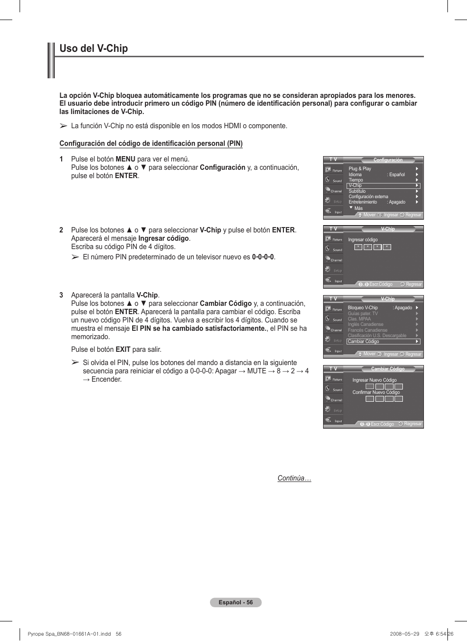 Uso del v-chip | Samsung PN50A460S4DXZA User Manual | Page 130 / 150