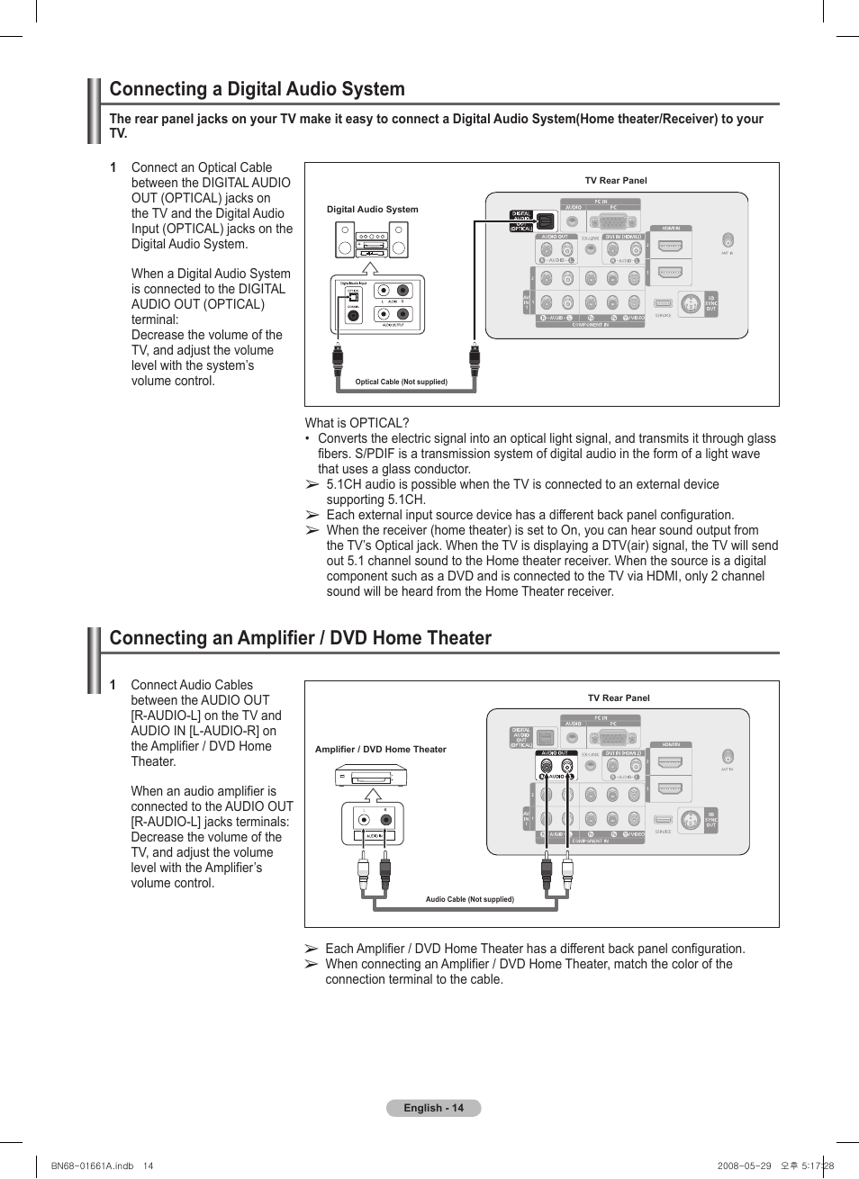 Connecting a digital audio system, Connecting an amplifier / dvd home theater | Samsung PN50A460S4DXZA User Manual | Page 14 / 150