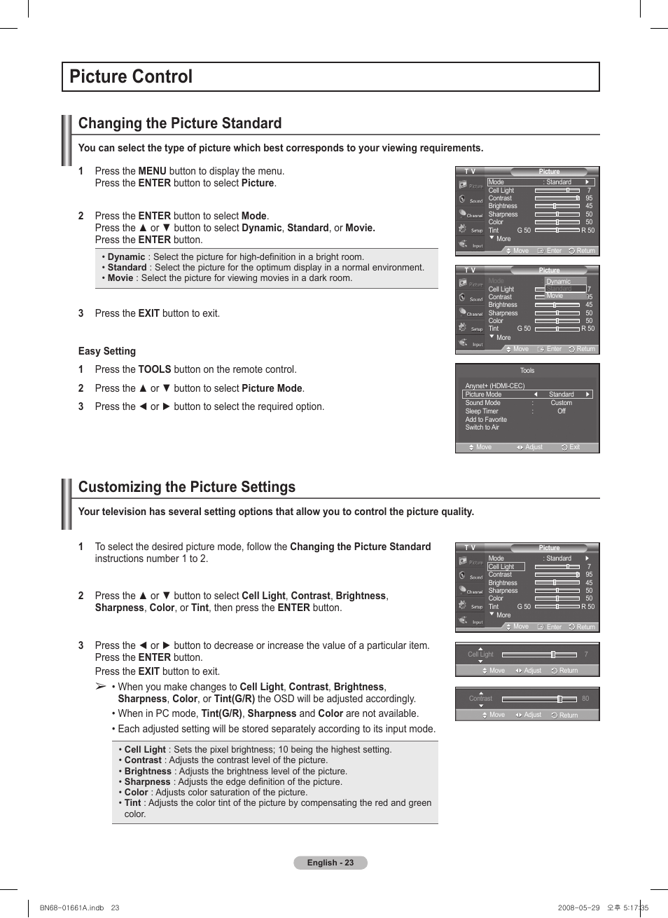 Picture control, Changing the picture standard, Customizing the picture settings | Samsung PN50A460S4DXZA User Manual | Page 23 / 150