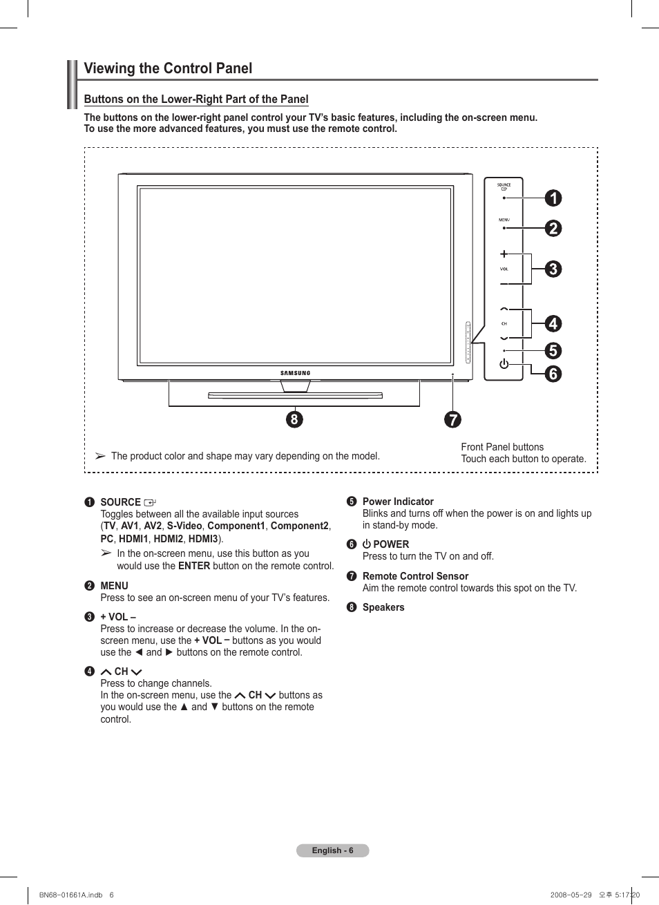 Viewing the control panel | Samsung PN50A460S4DXZA User Manual | Page 6 / 150