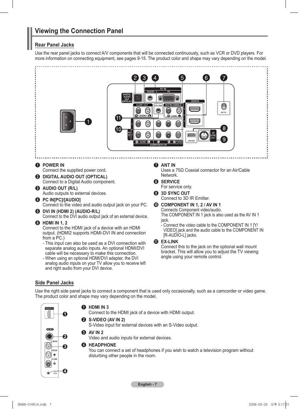 Viewing the connection panel | Samsung PN50A460S4DXZA User Manual | Page 7 / 150