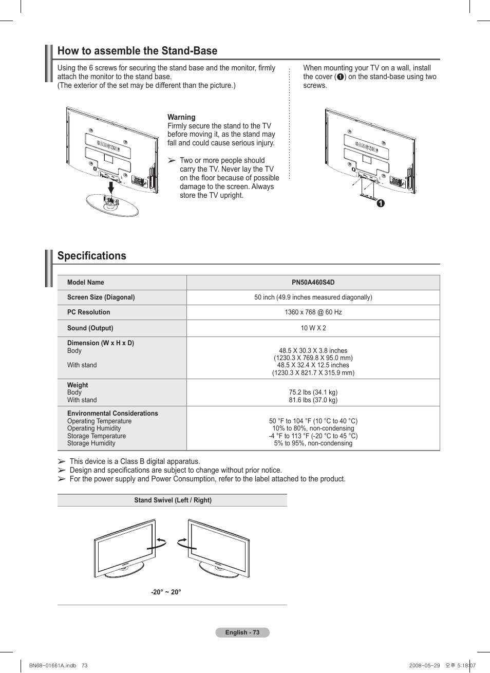 How to assemble the stand-base, Specifications | Samsung PN50A460S4DXZA User Manual | Page 73 / 150