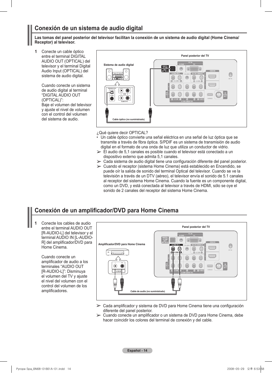 Conexión de un amplificador/dvd para home cinema, Conexión de un sistema de audio digital | Samsung PN50A460S4DXZA User Manual | Page 88 / 150